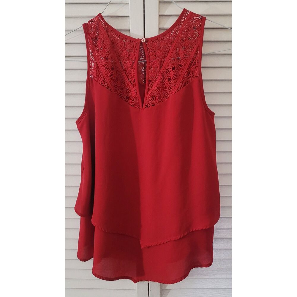 Unbranded Red Sleeveless Crochet Lace Yoke Layered Chiffon Blouse Top Medium